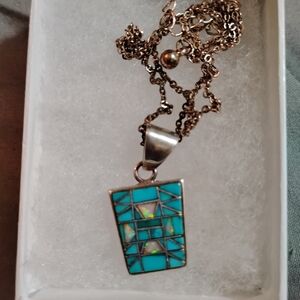 Real Turquoise and Silver Geometric Pendant Necklace